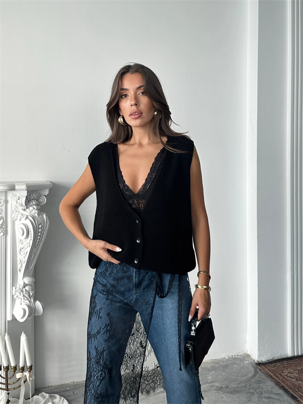 Dört Düğme Selanik Yelek - Siyah