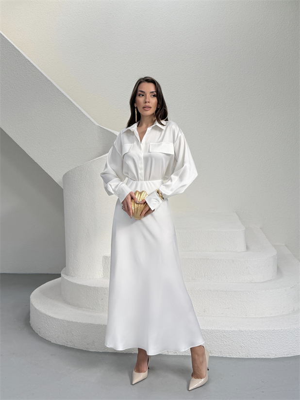 Krep Saten Gömlekli Takım - Ekru