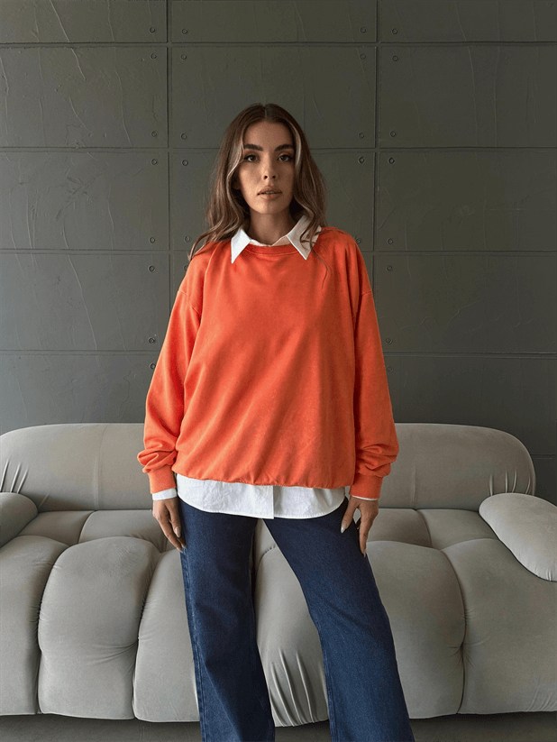 Oversize Yıkama Sweatshirt -Turuncu