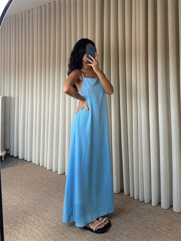 Cepli Keten Elbise - Bebe Mavi