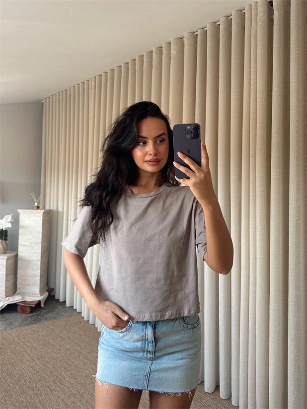 Düz Kısa Kol Crop Basic - Vizon