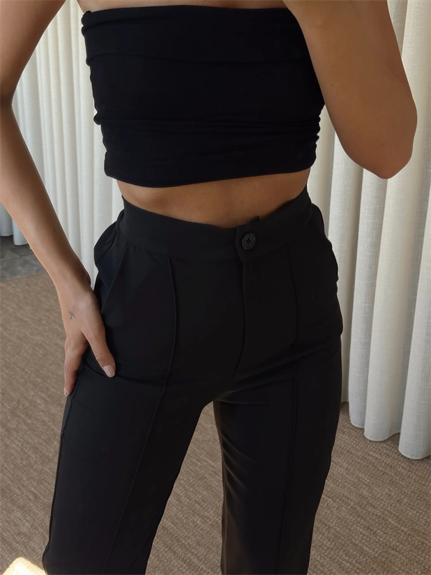 Beli Lastikli Çımalı Pantolon  - Siyah