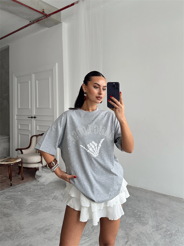 Hang Loose Baskılı Tshirt Gri - Gri