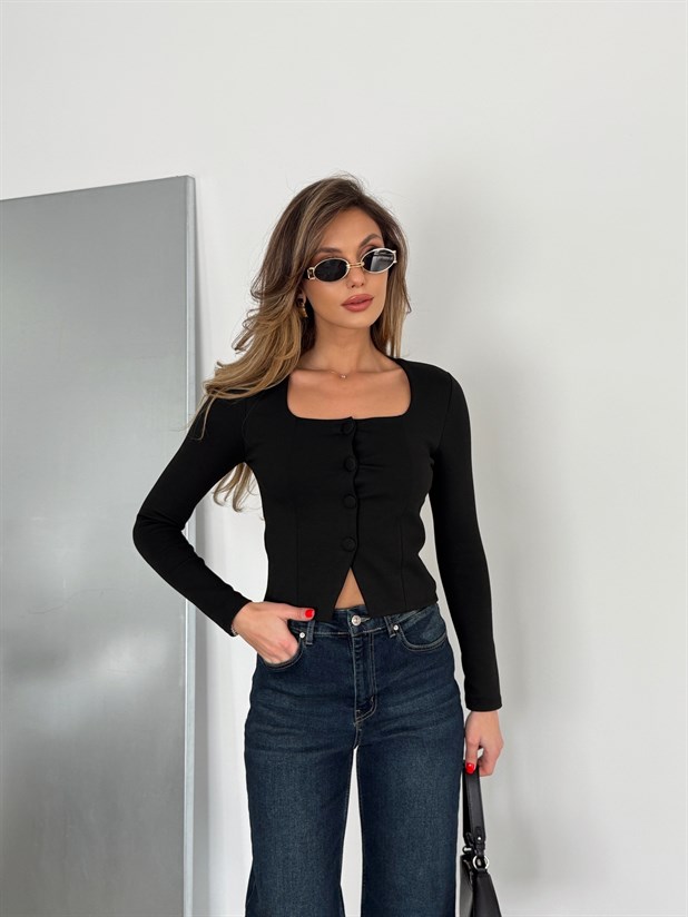 Önü Düğmeli Kare Yaka Bluz - Siyah