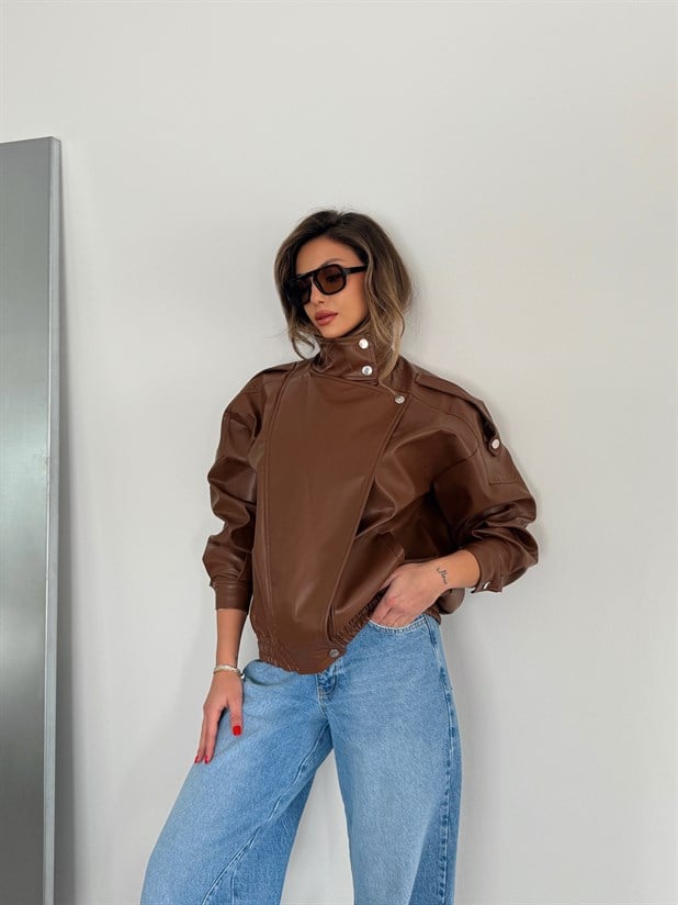 Oversize Iconıc Deri Ceket - Taba