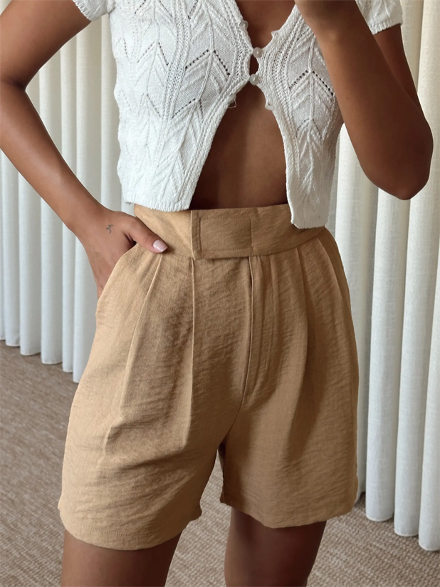 Cırtlı Keten Şort - Vizon