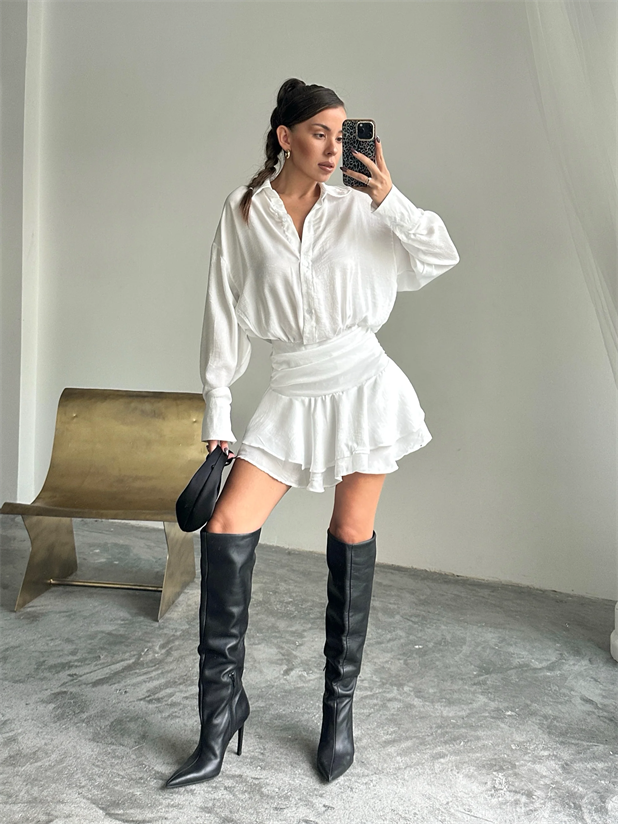 Eteği Volanlı Saten Elbise - Beyaz