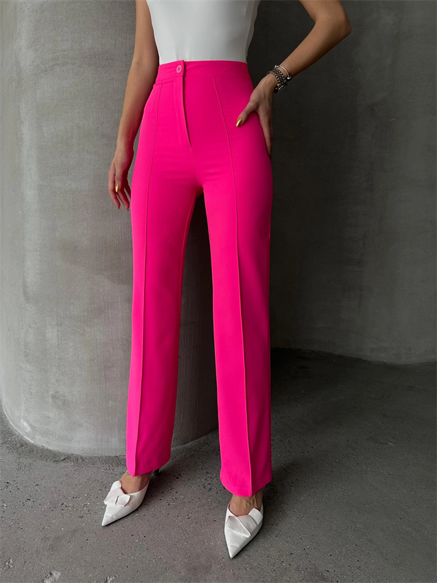 Ön Dikiş Boru Paça Kumaş Pantolon - Fuşya