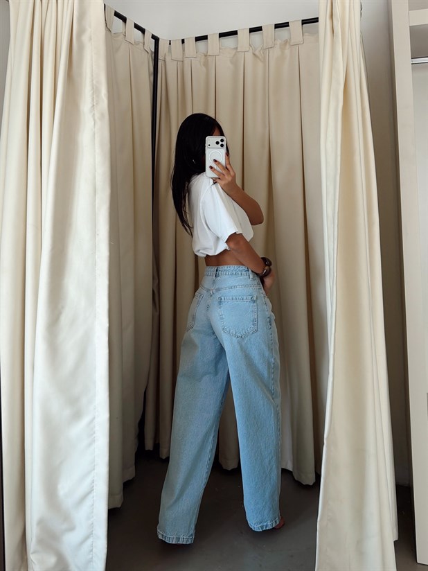 Paça Çift Pensli Boyfriend Jean - Buz Mavi
