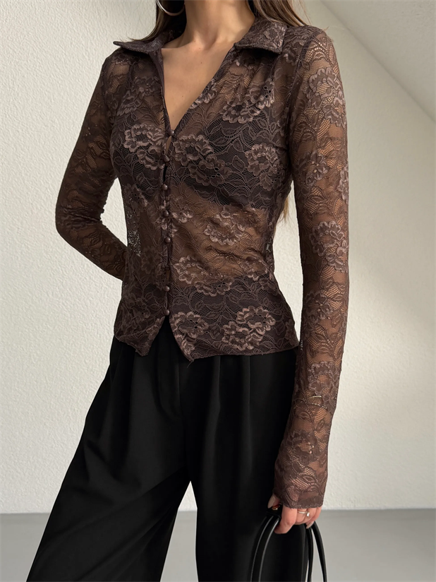 Gömlek Yaka Dantel Bluz - Kahve