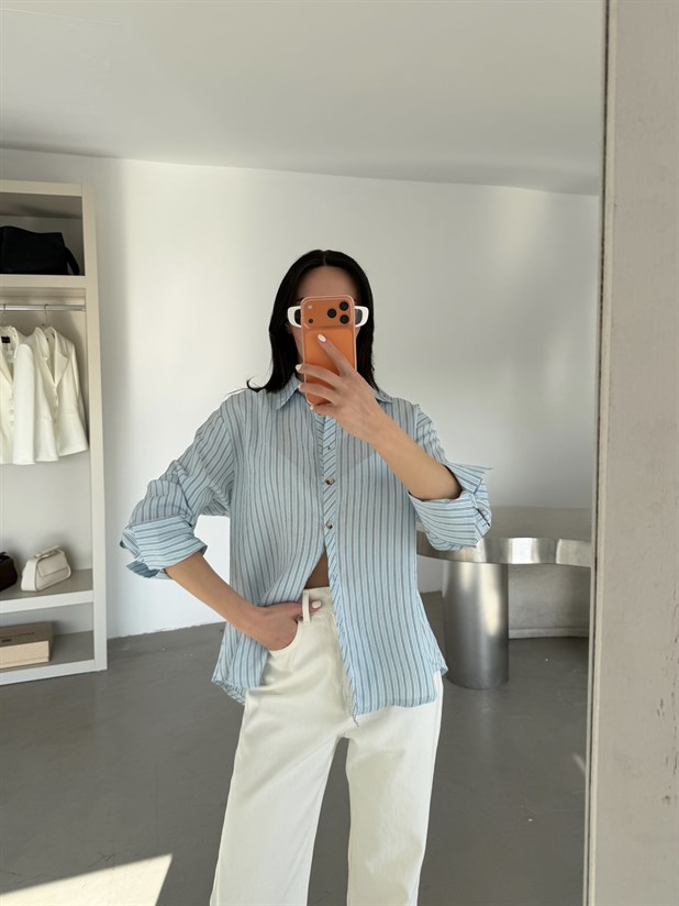 Çizgili Kol Manşet Detaylı Gömlek - Mavi