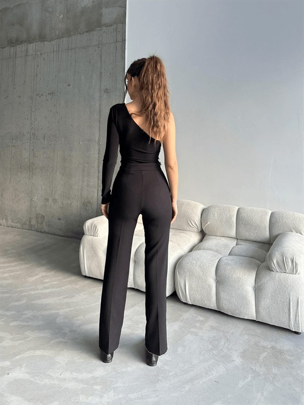 Ön Dikiş Boru Paça Kumaş Pantolon - Siyah