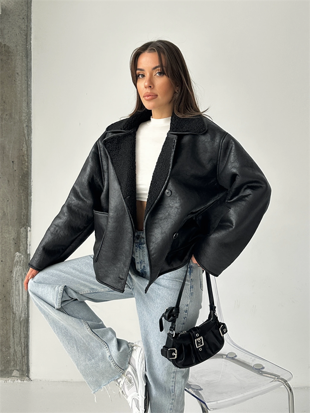 İçi Kürklü Oversize Mont - Siyah