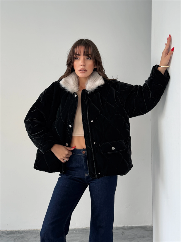 Kapitone Kürk Detay Mont  - Siyah