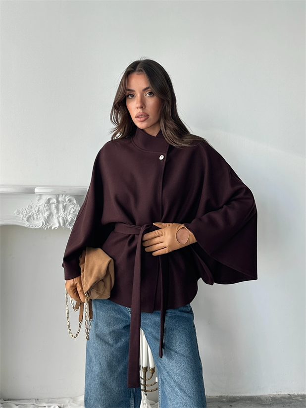 Kaşe Kuşaklı Pelerin Kaban - Kahve