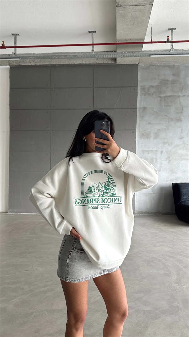 Unicoi Springs Üç İplik Oversize Sweat Beyaz - Beyaz