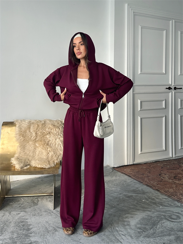 Modal Fermuarlı Sweat-Palazzo Takım - Bordo