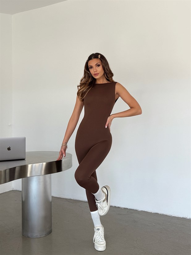 Sırt Detaylı Tayt Tulum - Kahve