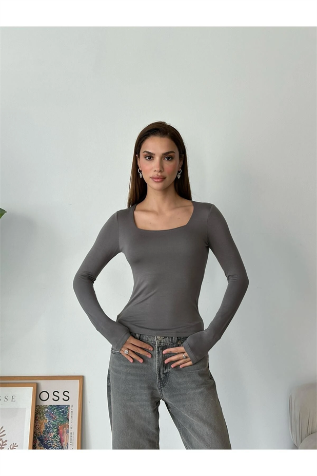 Kare Yaka Basic Bluz Gri - Gri