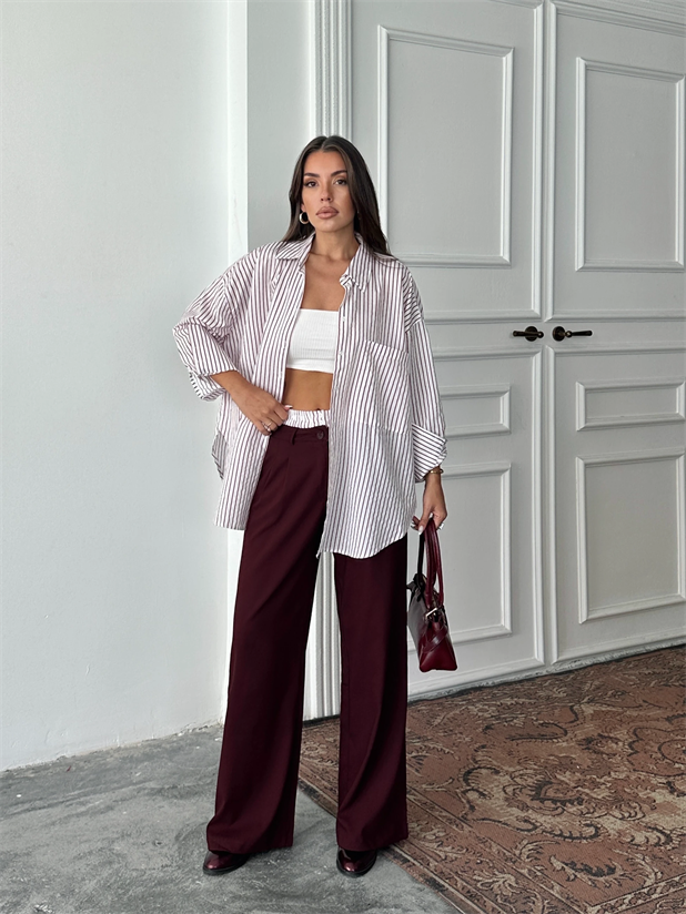 Bel Çizgi Detay Gömlekli Takım - Bordo