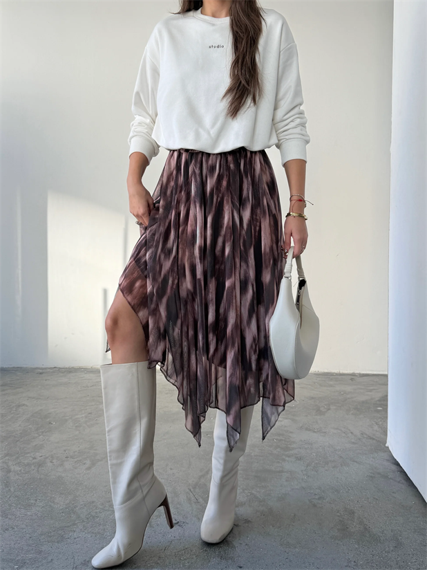 Beli Lastikli Asimetrik Şifon Etek - Ebruli