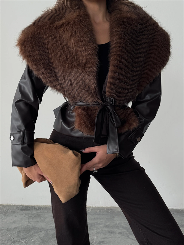 Premium Kürklü Deri Ceket  - Acı kahve