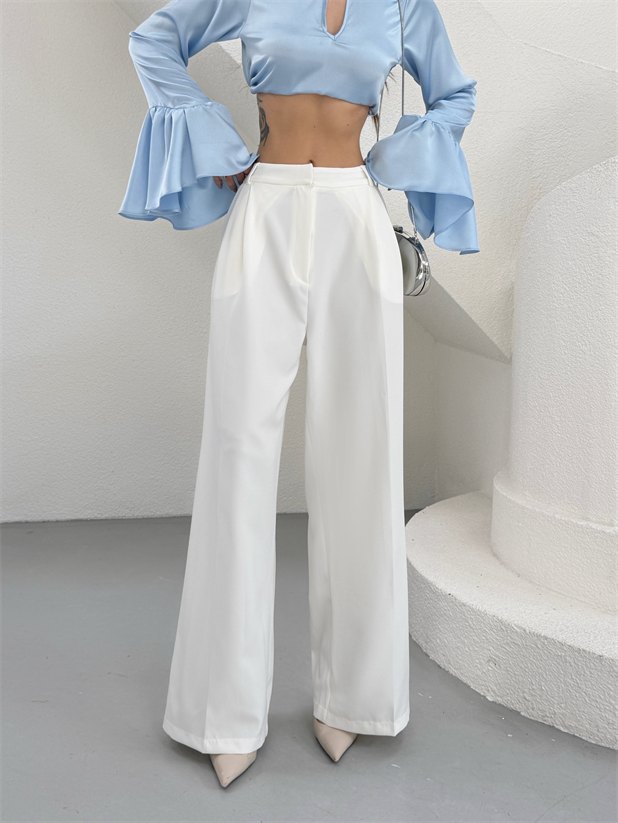 Çift Pileli Palazzo Pantolon - Beyaz
