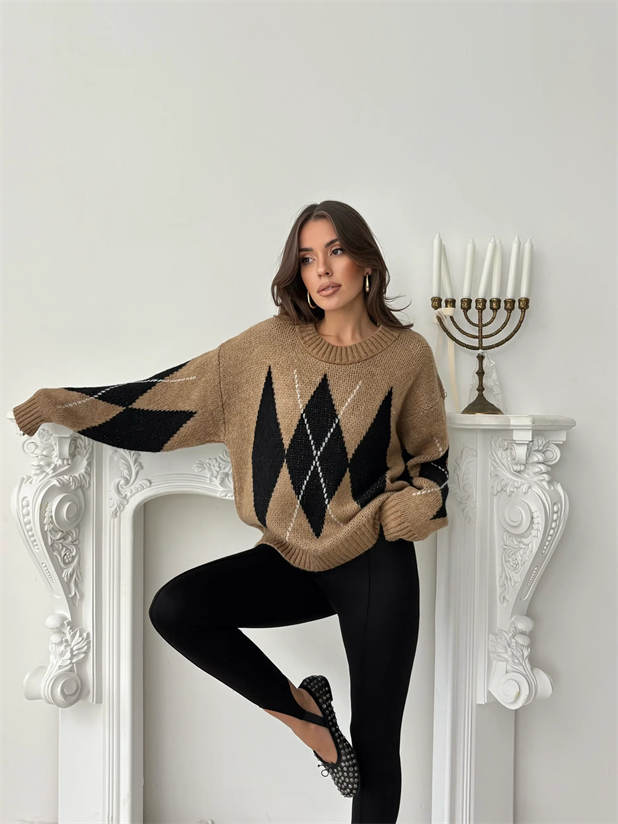 Oversize Baklava Desenli Kazak - Taba