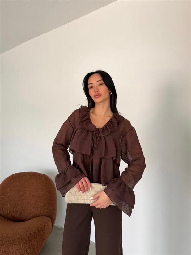 Fırfır Detaylı Bluz - Kahve