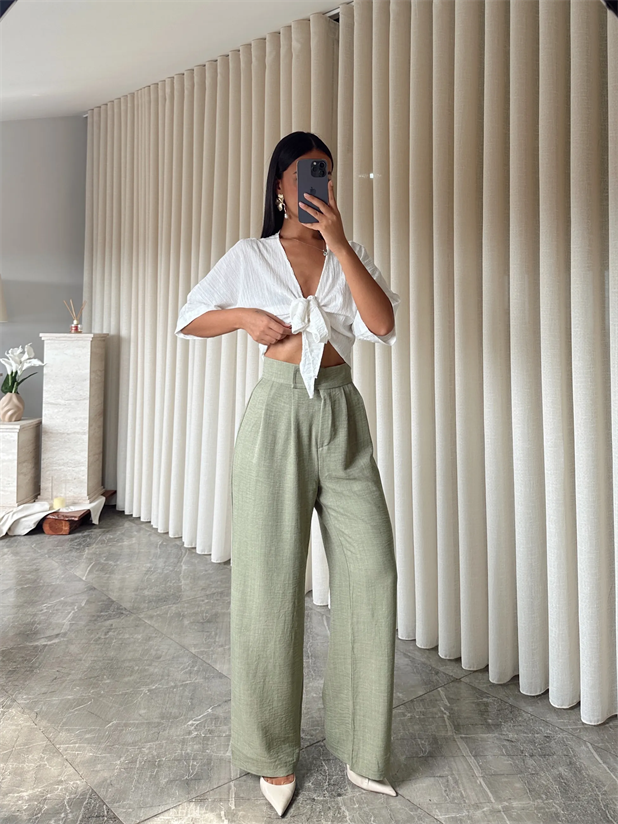 Cırtlı Keten Palazzo  - Haki Yeşil
