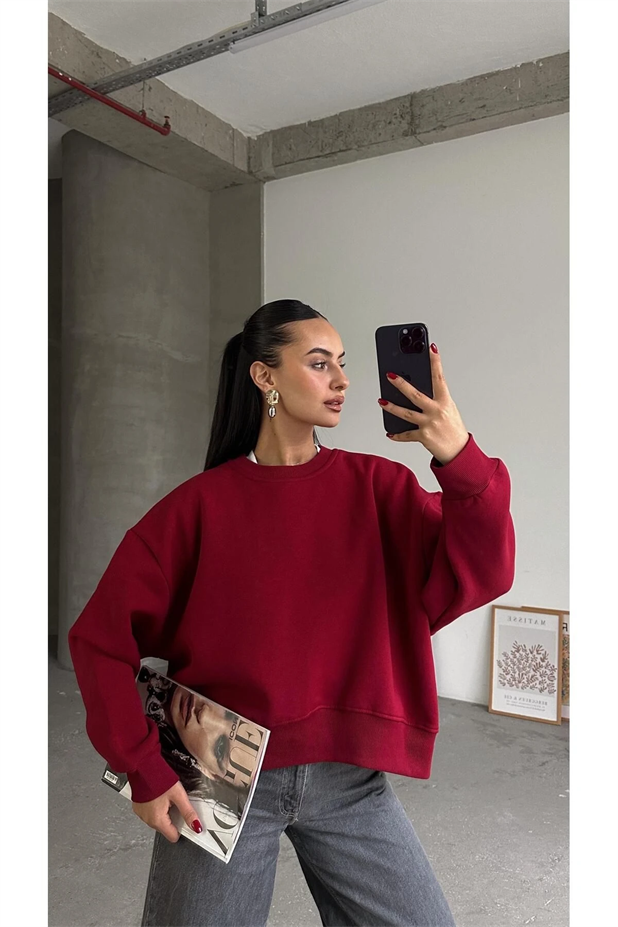 Sage Bisiklet Yaka Sweatshirt Bordo - Bordo