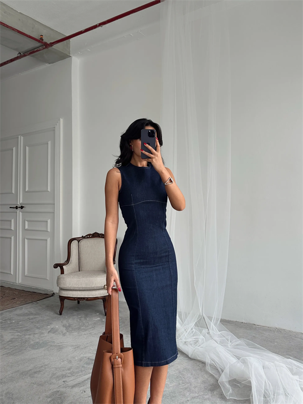 Sıfır Kol Denim Elbise - Lacivert