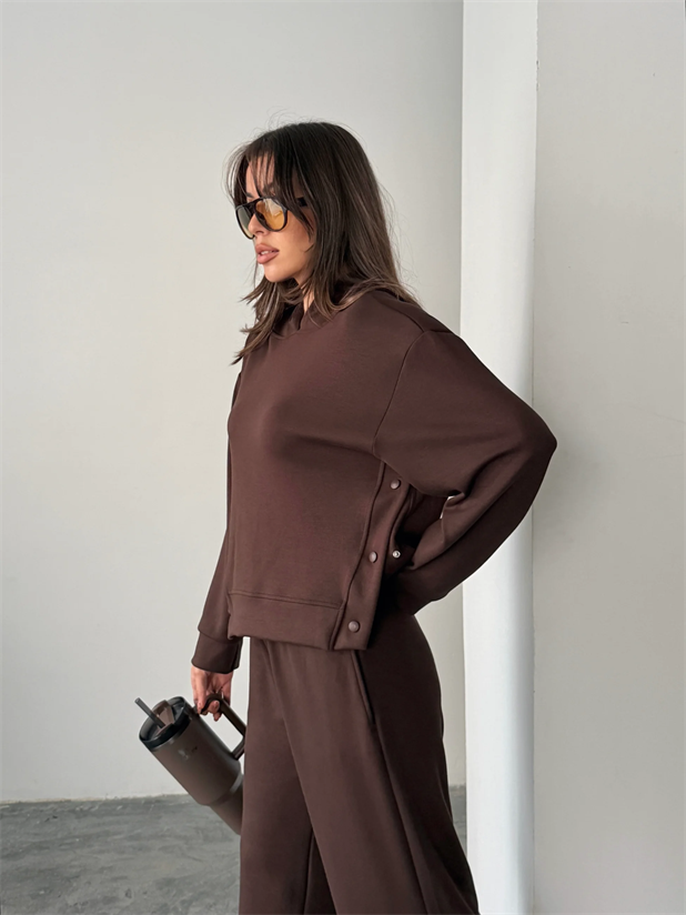 Çıt Çıt Detaylı Kapüşonlu Takım  - Kahve