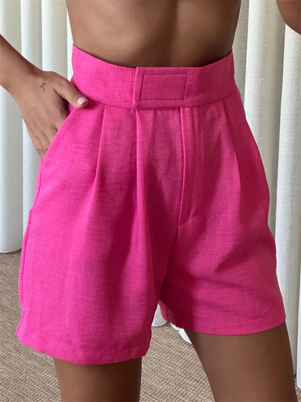 Cırtlı Keten Şort - Fuşya