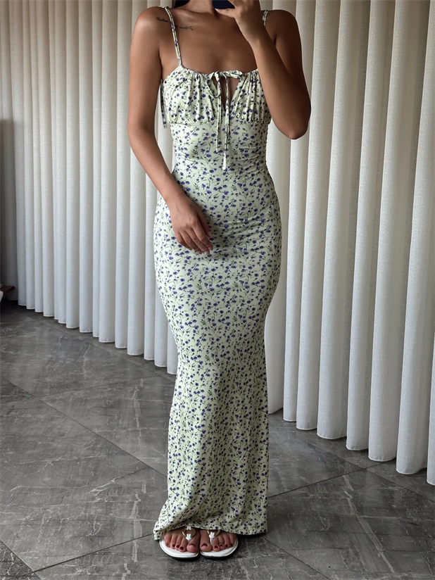 Çiçek Desen Maxi Elbise  - Yeşil