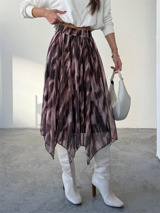 Beli Lastikli Asimetrik Şifon Etek - Ebruli