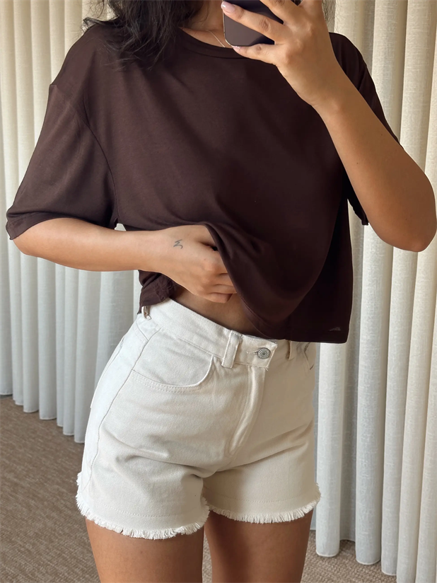 Düz Kısa Kol Crop Basic - Kahve