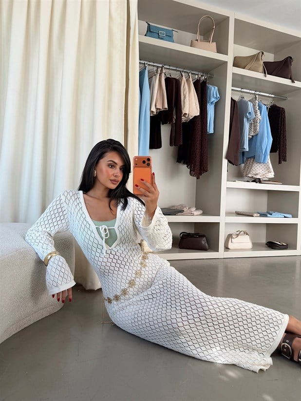 V Yaka Bağlamalı Maxi Pareo - Ekru