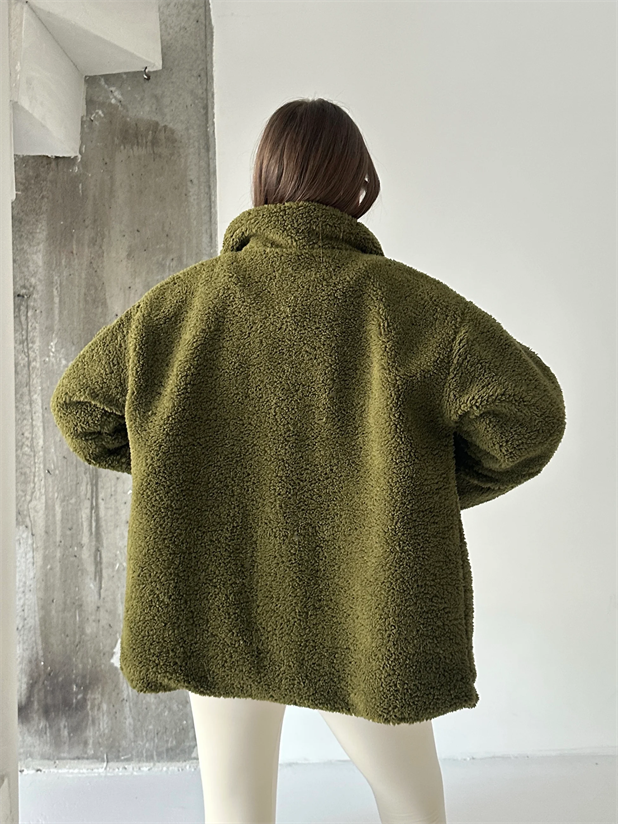İç Astarlı Oversize Peluş Mont  - Haki Yeşil