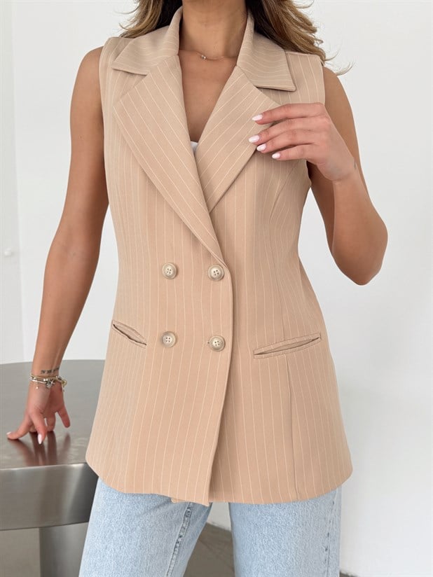 Ceket Yaka Line Yelek - Bej