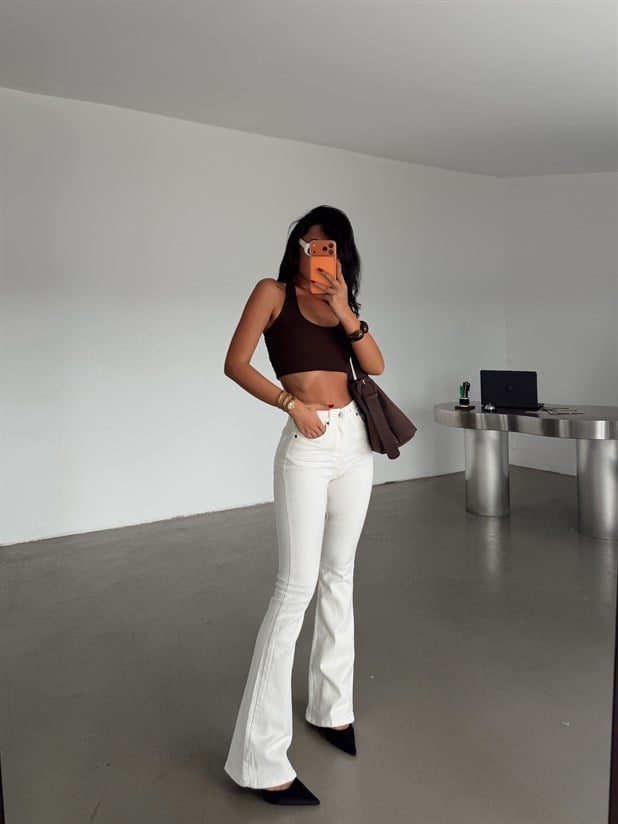 Yüksek Bel İspanyol Paça Jean - Ekru