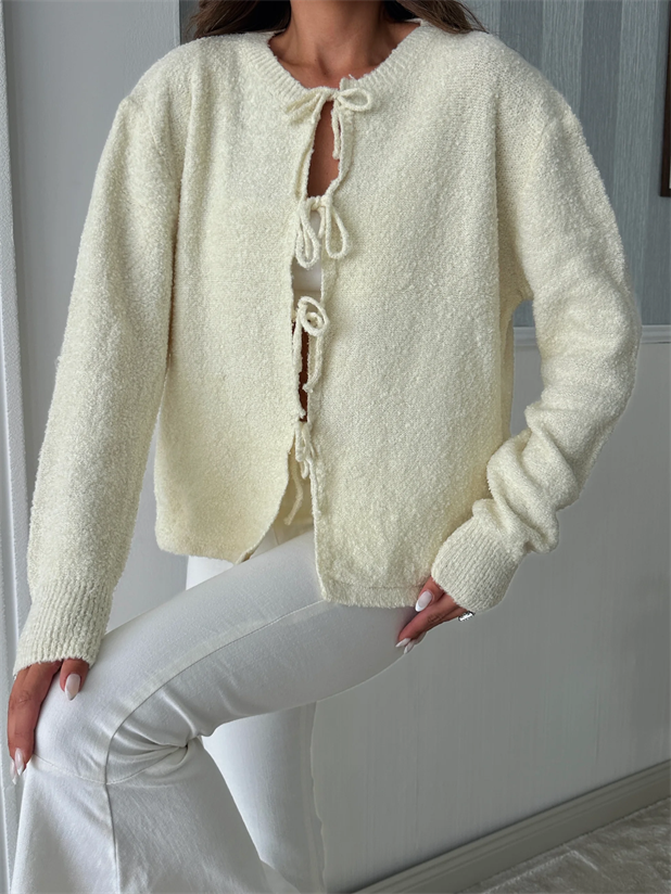 Önden Bağlamalı Triko Hırka  - Ekru