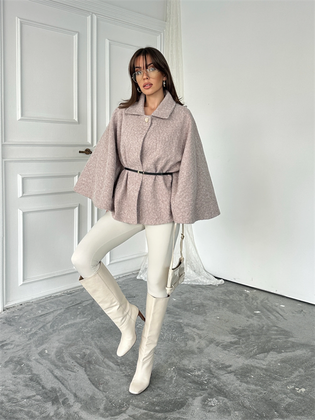 Kırçıllı Kaşe Panço  - Pudra Pembe