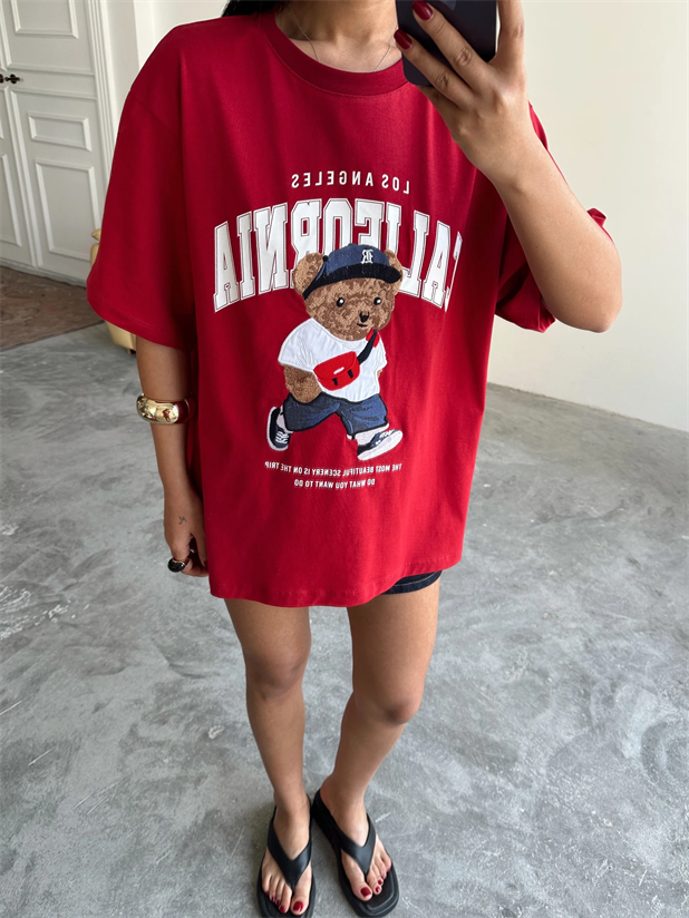 Oversize Bear Nakışlı T-shirt - Kırmızı