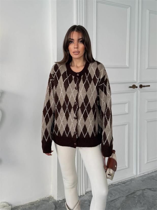 Bisiklet Yaka Baklava Desenli Hırka - Kahve