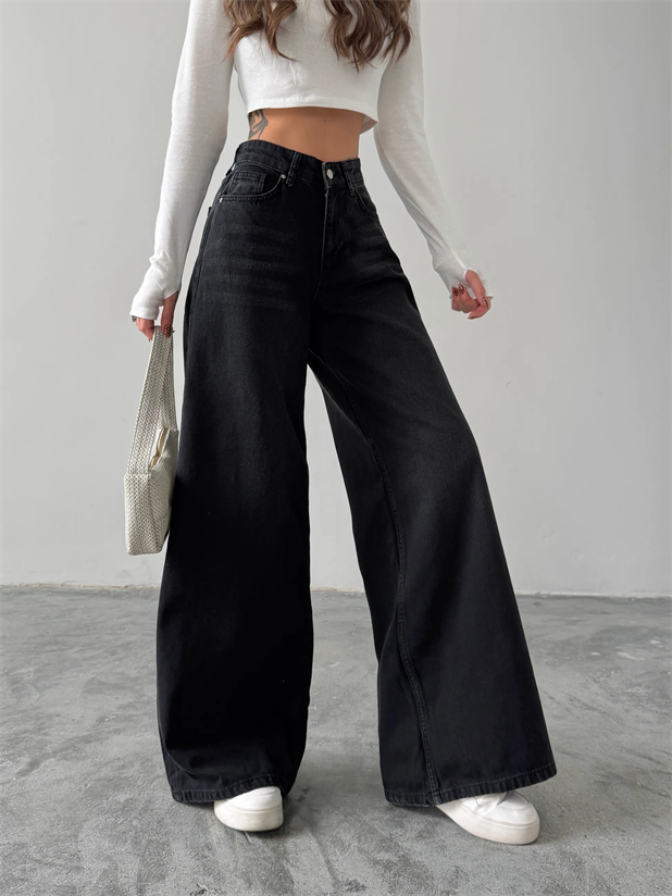 Bol Paça Yıkamalı Jean Pantolon - Siyah