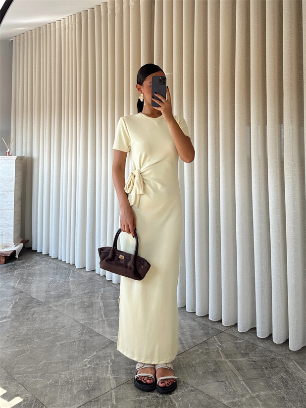 Bağlamalı Modal  Kumaş Elbise - Sarı