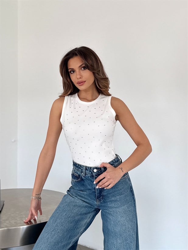 Halter Yaka Taşlı Bluz - Beyaz