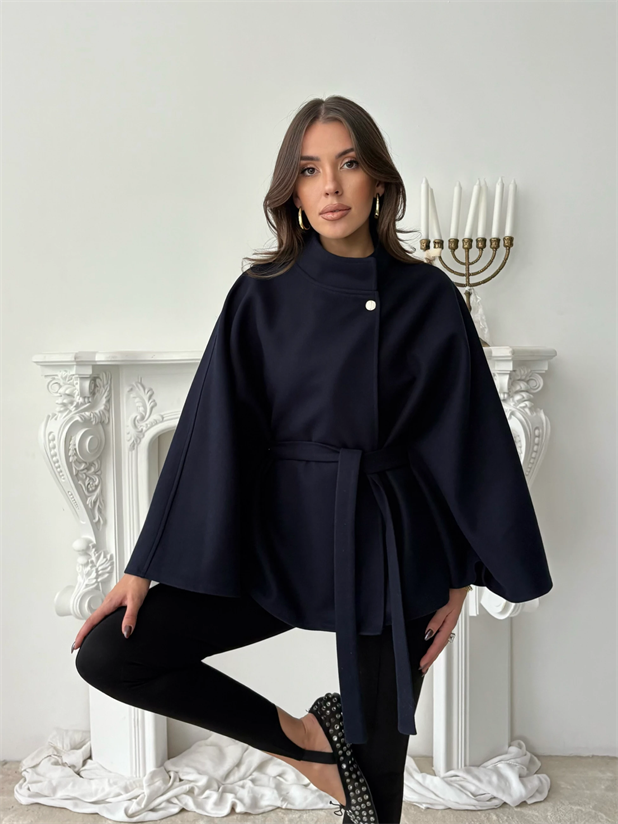 Kaşe Kuşaklı Pelerin Kaban - Lacivert