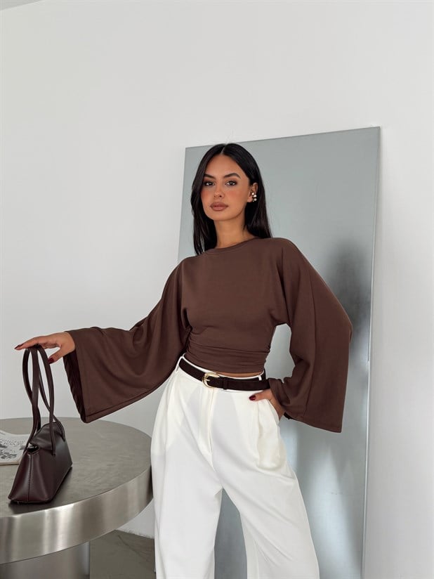 Yarasa Kol Beli Büzgülü Bluz - Kahve